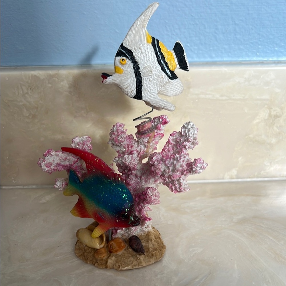 Vtg White/Black Stripe & Rainbow Fish on Pink Coral